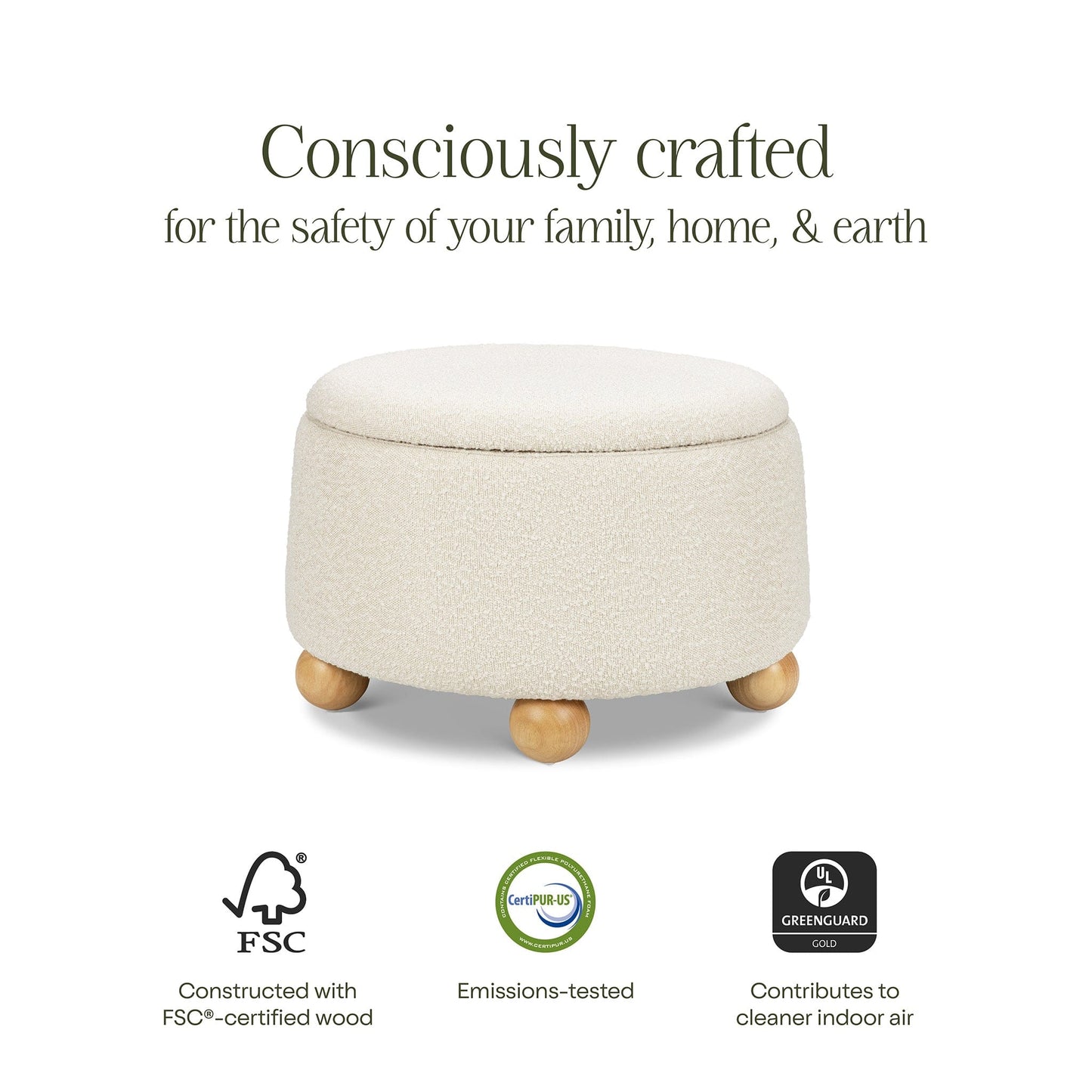 Namesake Tuffet Storage Ottoman - Performance Ivory Boucle with Honey Ball Feet - M30985PWBHF