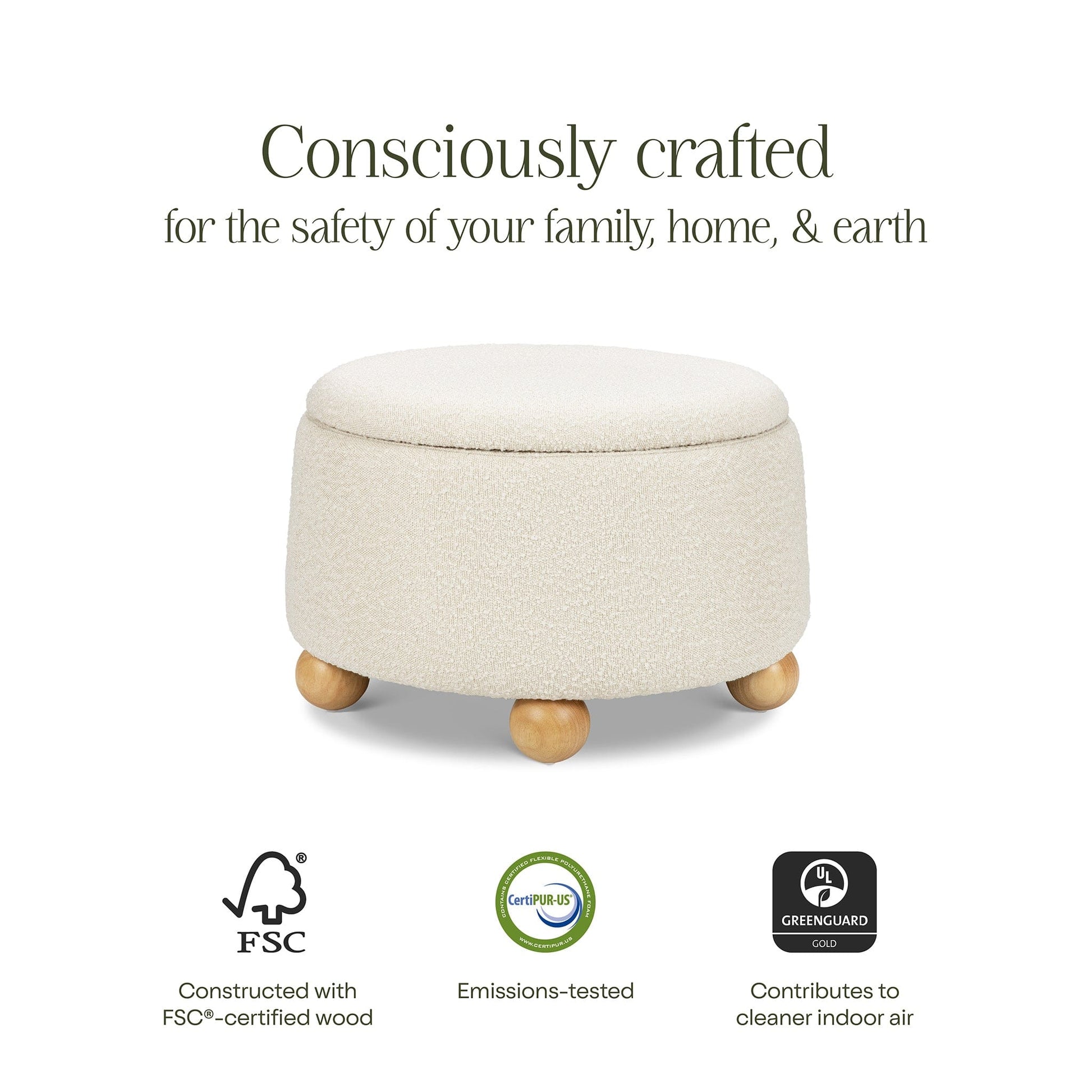 Namesake Tuffet Storage Ottoman - Performance Ivory Boucle with Honey Ball Feet - M30985PWBHF