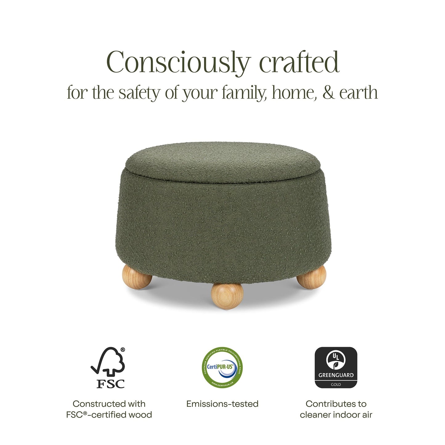 Namesake Tuffet Storage Ottoman - Performance Olive Boucle with Honey Ball Feet - M30985POBHF