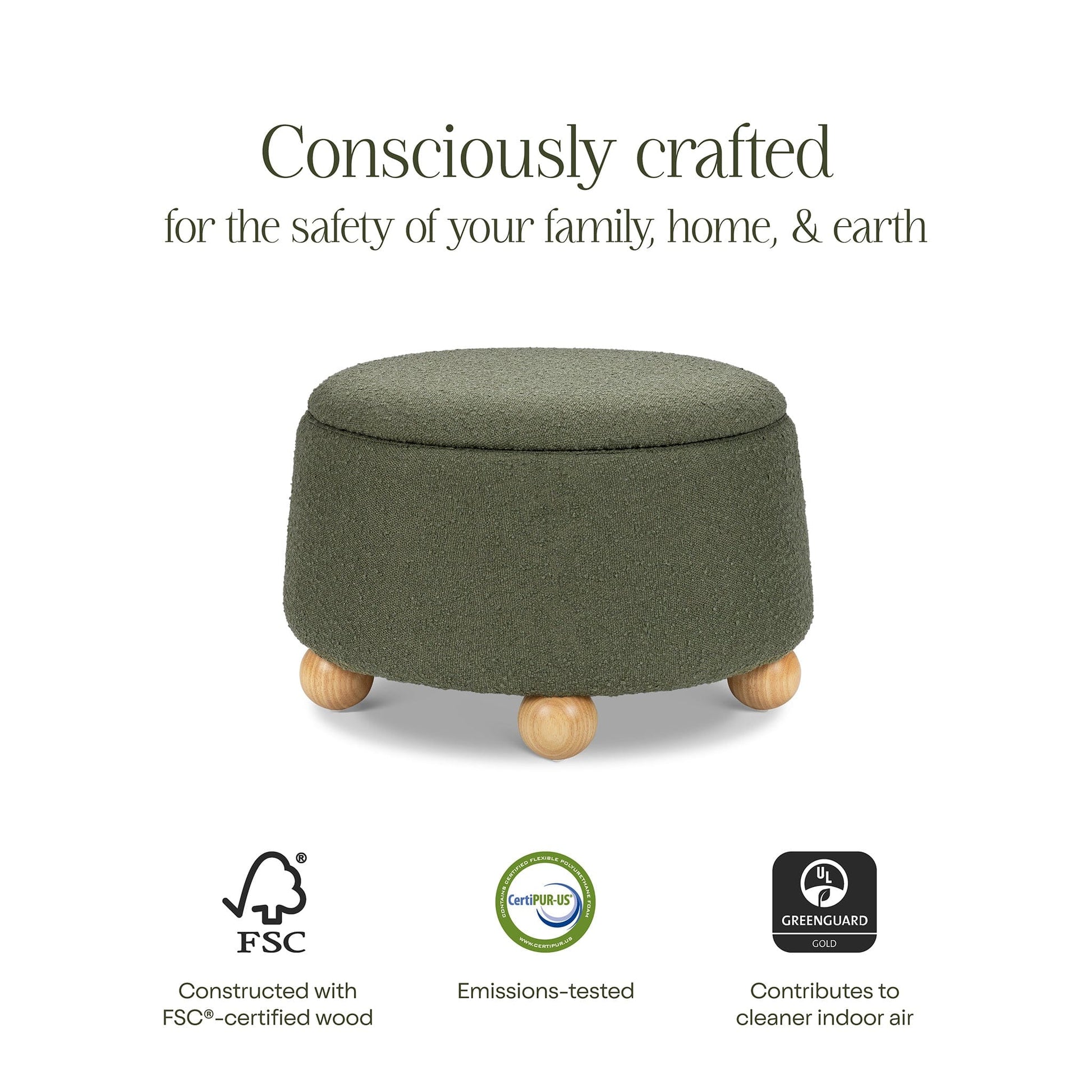 Namesake Tuffet Storage Ottoman - Performance Olive Boucle with Honey Ball Feet - M30985POBHF