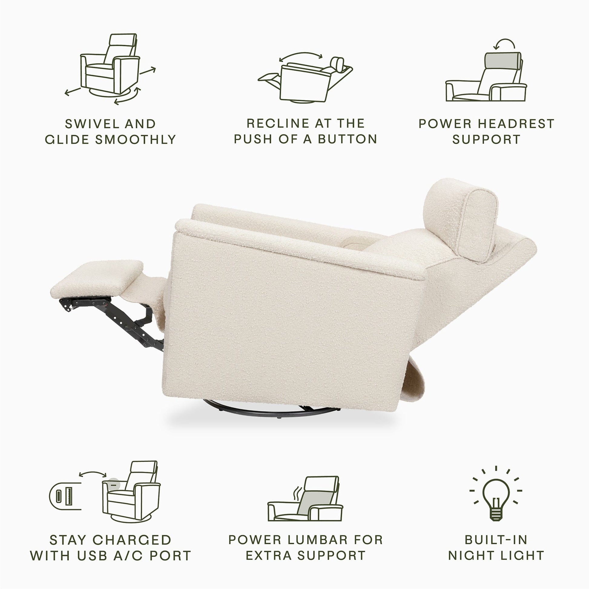 Namesake Willa Pro Power Recliner and Swivel Glider with Power Headrest, Lumbar & Light - Performance Ivory Boucle - M17182PWB
