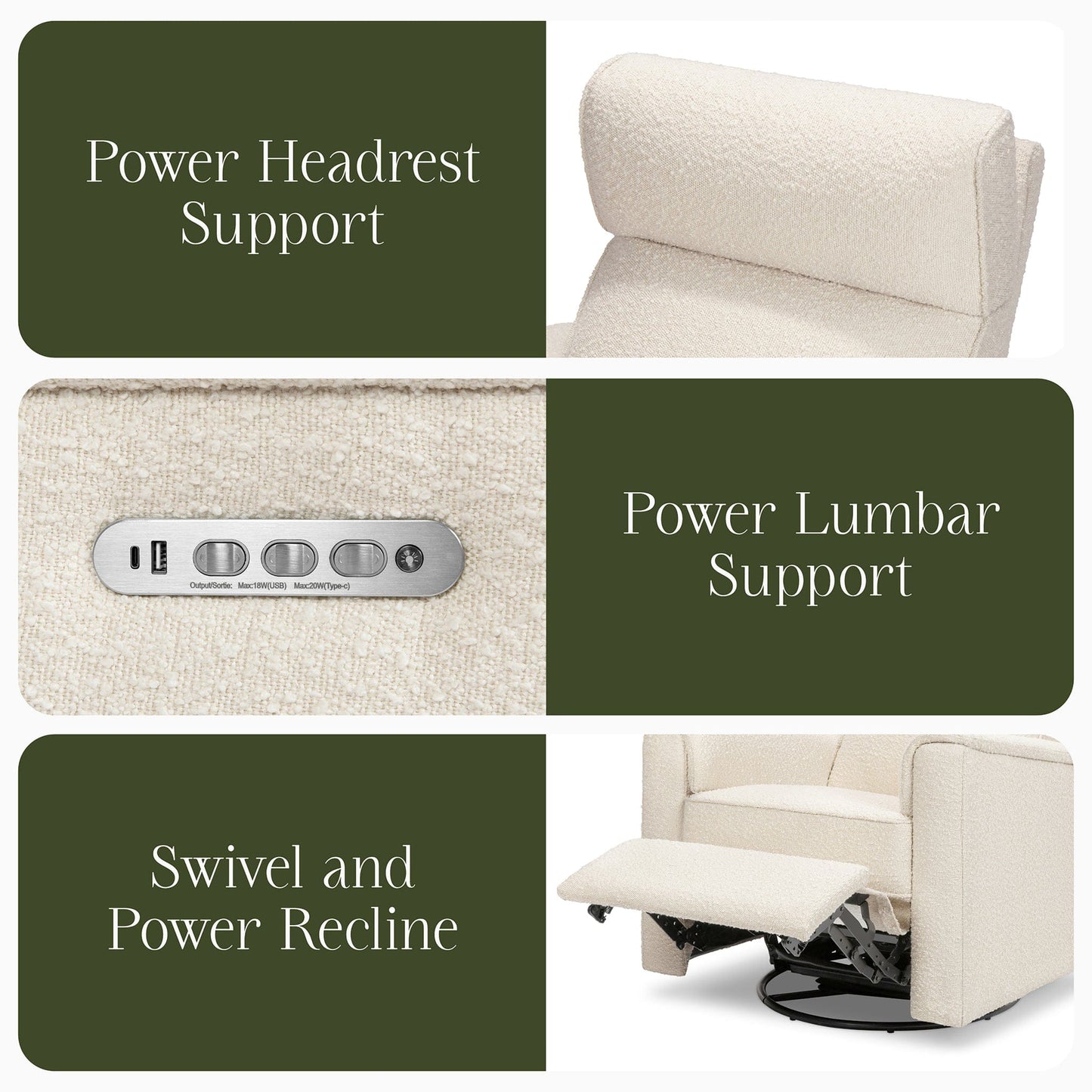 Namesake Willa Pro Power Recliner and Swivel Glider with Power Headrest, Lumbar & Light - Performance Ivory Boucle - M17182PWB
