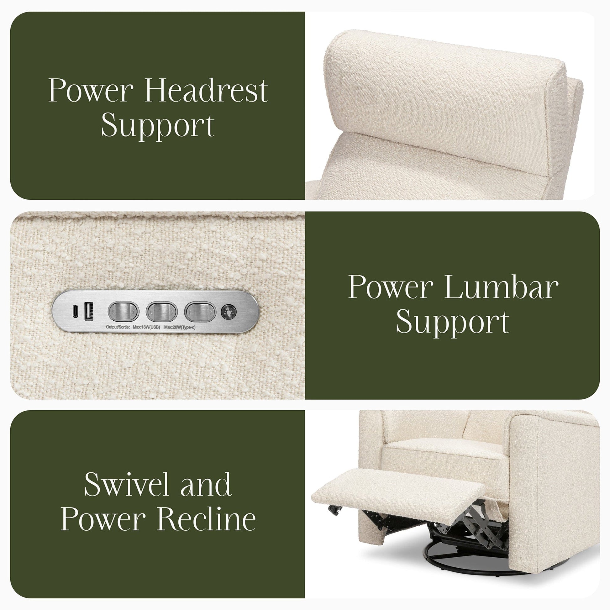 Namesake Willa Pro Power Recliner and Swivel Glider with Power Headrest, Lumbar & Light - Performance Ivory Boucle - M17182PWB