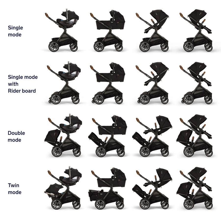 Nuna DEMI Next Double Stroller with Rider Board + PIPA Aire RX Travel System Bundle - Caviar - DBL-ST17902CVR-CF18508600CVR