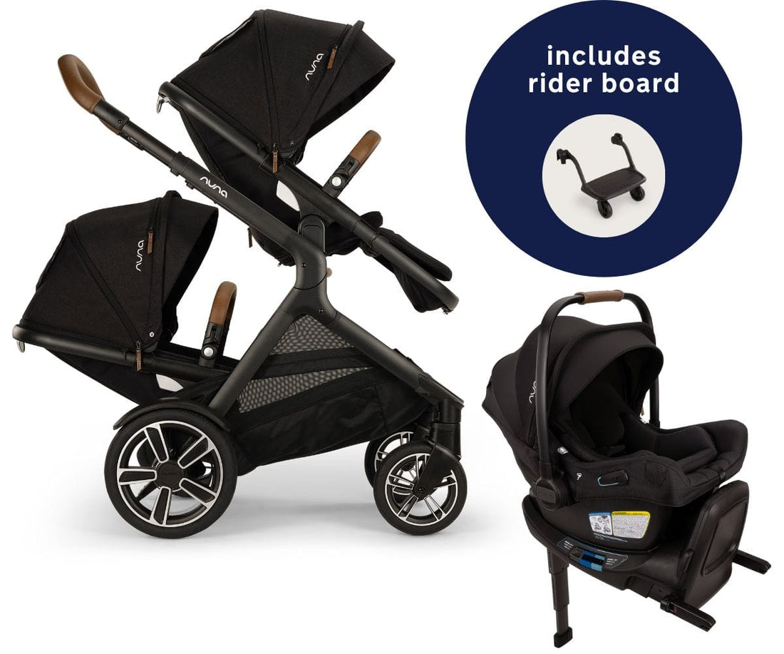 Nuna DEMI Next Double Stroller with Rider Board + PIPA Aire RX Travel System Bundle - Caviar - DBL-ST17902CVR-CF18508600CVR