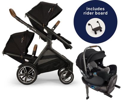 Nuna DEMI Next Double Stroller with Rider Board + PIPA RX Travel System Bundle - Caviar - DBL-ST17902CVR-CF12508600CVR