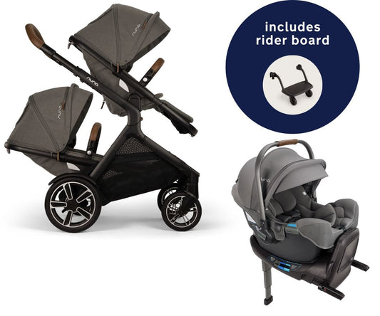 Nuna DEMI Next Double Stroller with Rider Board + PIPA RX Travel System Bundle - Granite - DBL-ST17902GRN-CF12508600GRN