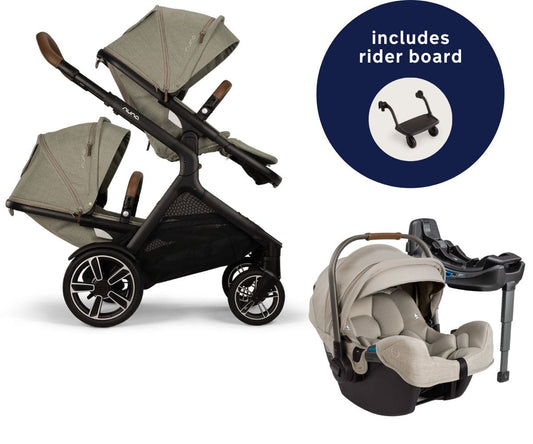 Nuna DEMI Next Double Stroller with Rider Board + PIPA RX Travel System Bundle - Hazelwood - DBL-ST17902HAZ-CF12508603HAZ