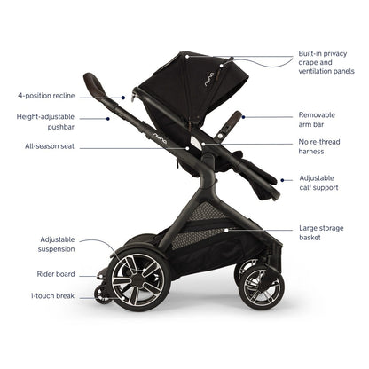 Nuna stroller features diagram showing recline, pushbar, seat, arm bar, harness, calf support, basket, and brake