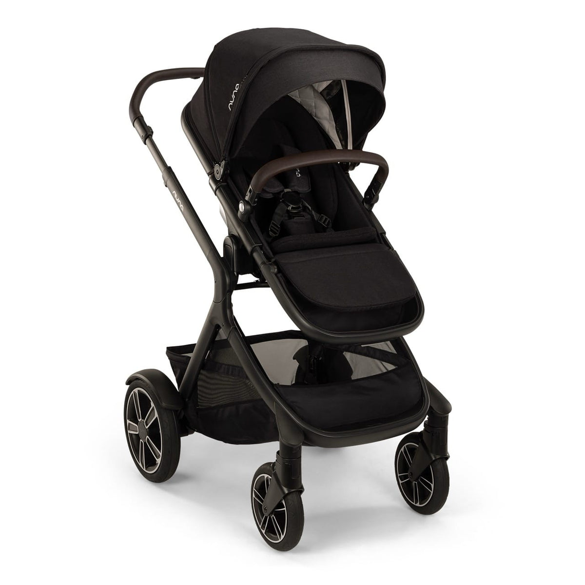 Nuna black stroller with adjustable seat and storage basket