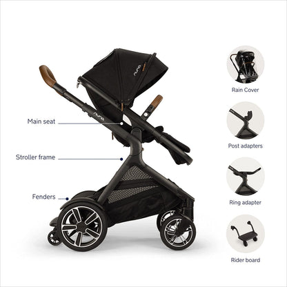 Nuna DEMI Next Stroller with Rider Board + DEMI Grow Bassinet with Stand + PIPA RX Travel System Bundle - Caviar - TRVL-ST17902CVR-CD09200CVR