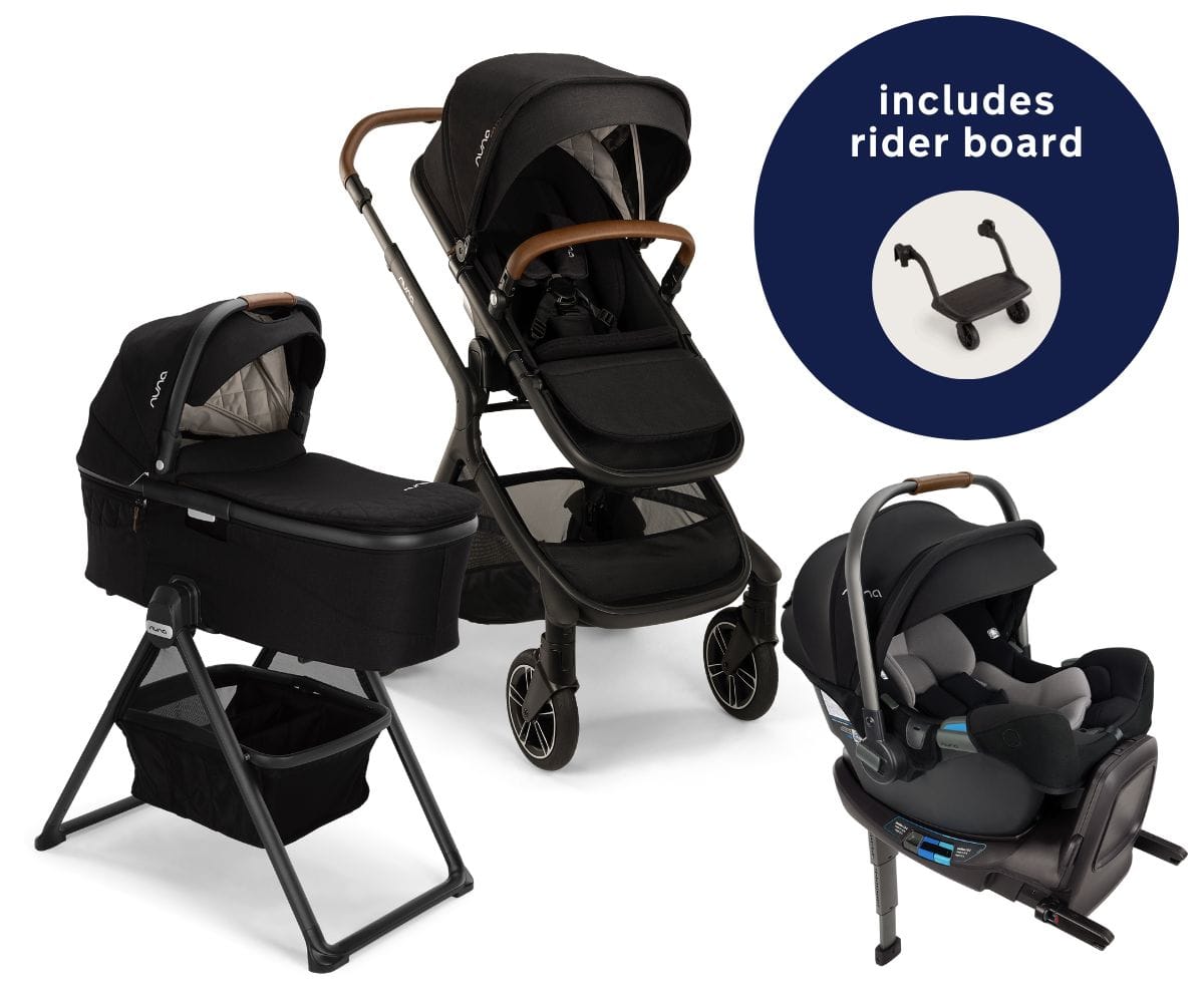 Nuna DEMI Next Stroller with Rider Board + DEMI Grow Bassinet with Stand + PIPA RX Travel System Bundle - Caviar - TRVL-ST17902CVR-CD09200CVR