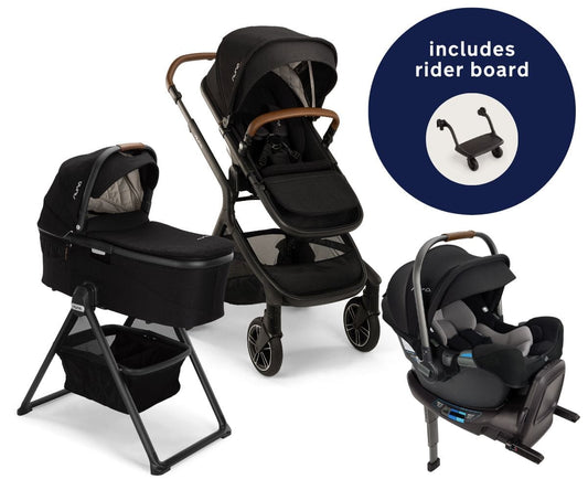 Nuna DEMI Next Stroller with Rider Board + DEMI Grow Bassinet with Stand + PIPA RX Travel System Bundle - Caviar - TRVL-ST17902CVR-CD09200CVR