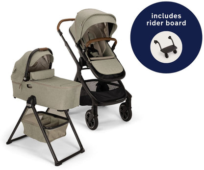 Nuna DEMI Next Stroller with Rider Board + DEMI Next Bassinet with Stand Bundle - Hazelwood - ST17902HAZ-CD18700HAZ