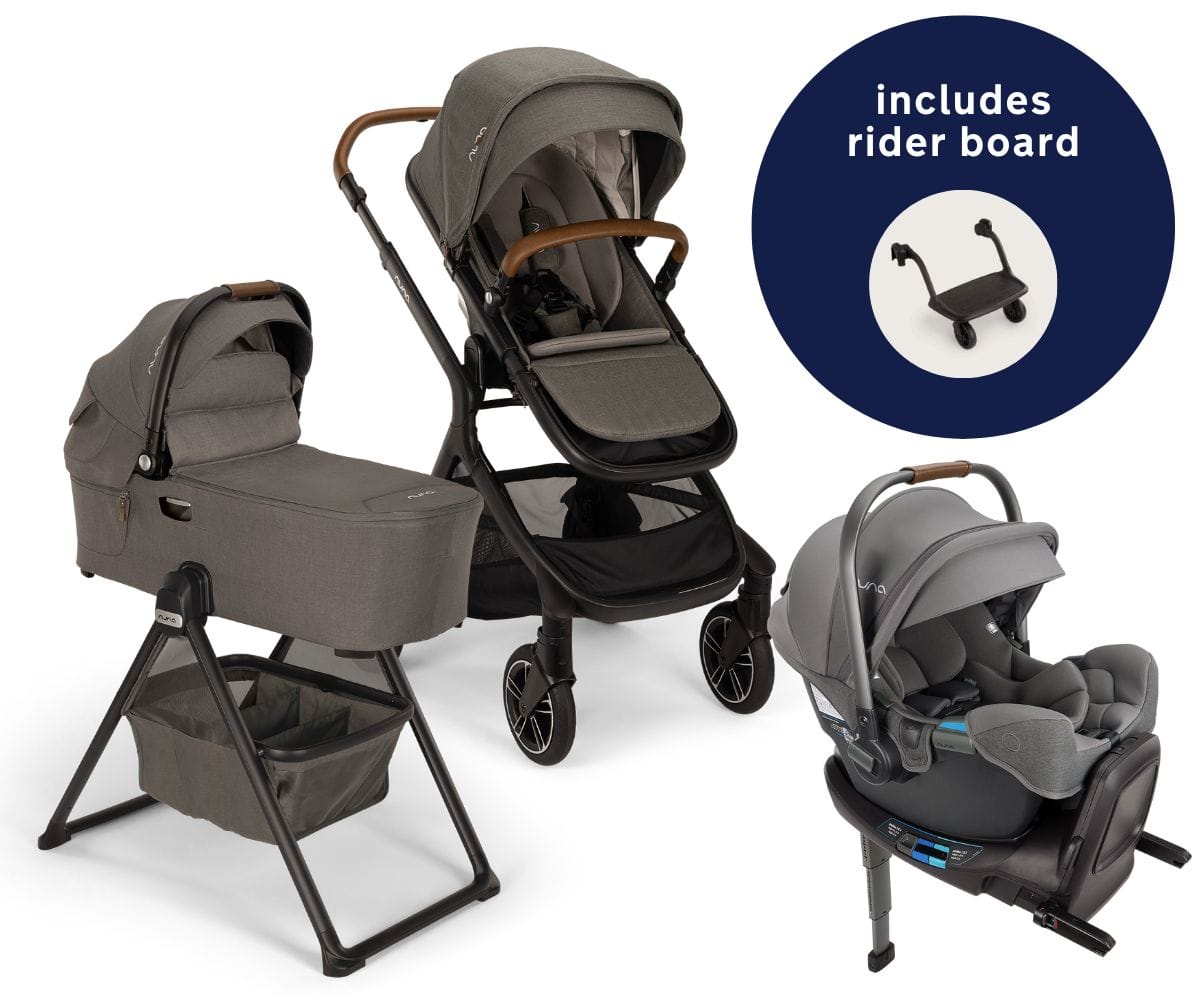 Nuna DEMI Next Stroller with Rider Board + DEMI Next Bassinet with Stand + PIPA RX Travel System Bundle - Granite - TRVL-ST17902GRN-CD18700GRN