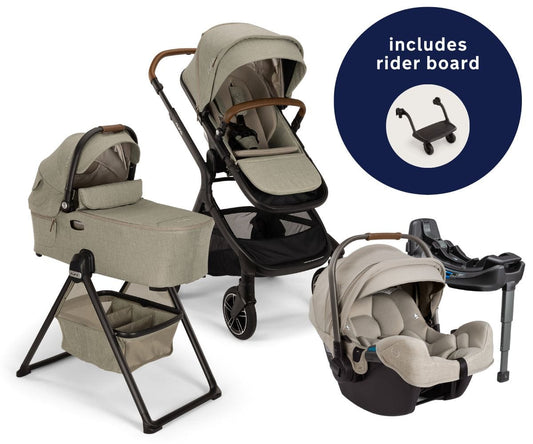 Nuna DEMI Next Stroller with Rider Board + DEMI Next Bassinet with Stand + PIPA RX Travel System Bundle - Hazelwood - TRVL-ST17902HAZ-CD18700HAZ