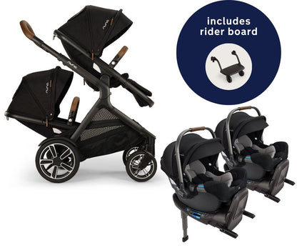 Nuna DEMI Next Twin Double Stroller with Rider Board + PIPA RX Travel System Bundle - Caviar - TWIN-ST17902CVR-CF12508600CVR