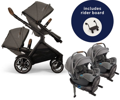 Nuna DEMI Next Twin Double Stroller with Rider Board + PIPA RX Travel System Bundle - Granite - TWIN-ST17902GRN-CF12508600GRN