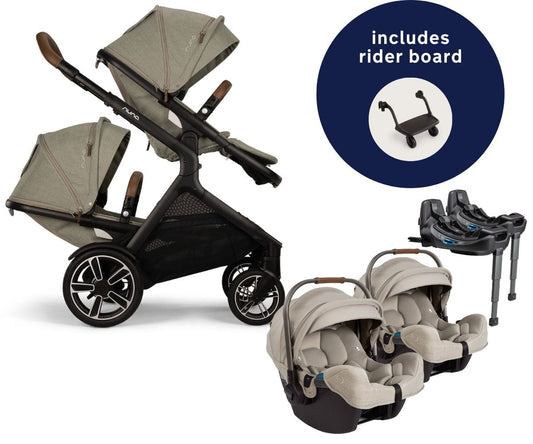 Nuna DEMI Next Twin Double Stroller with Rider Board + PIPA RX Travel System Bundle - Hazelwood - TWIN-ST17902HAZ-CF12508603HAZ
