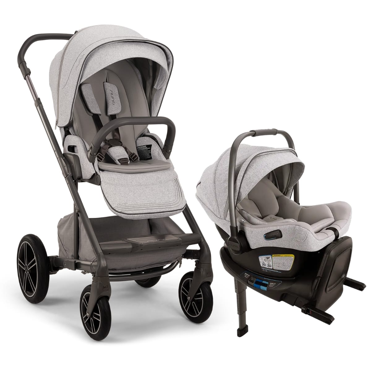 Nuna stroller and infant car seat with base in light grey fabric