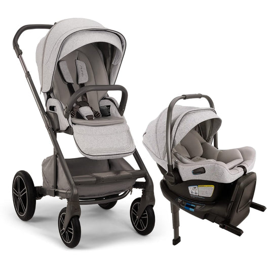 Nuna stroller and infant car seat with base in light grey fabric