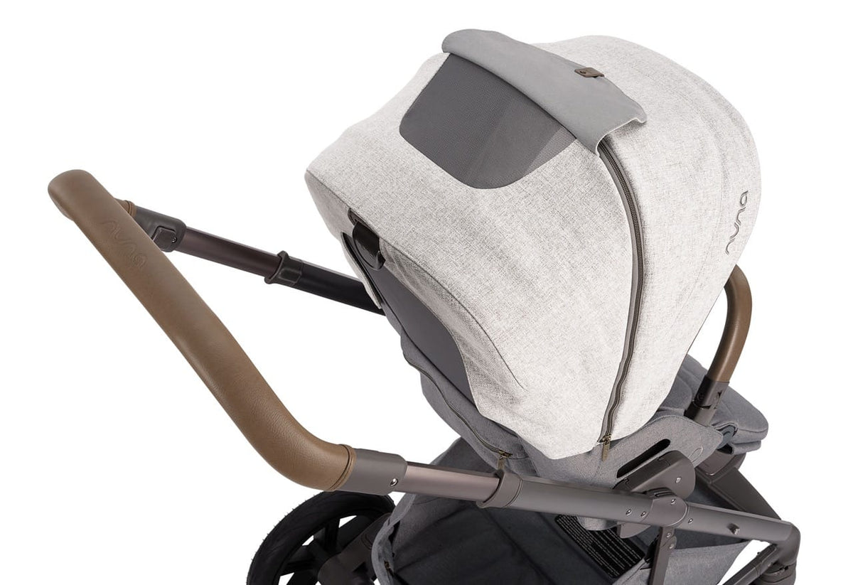 Nuna stroller canopy with mesh ventilation window and leatherette handlebar
