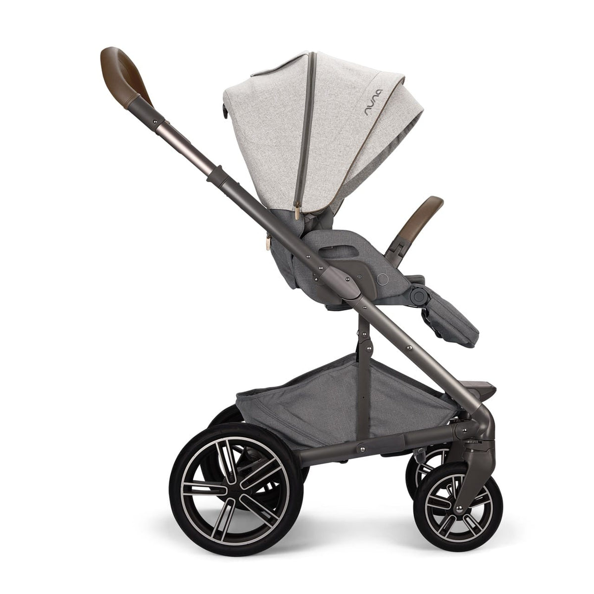 Nuna stroller in grey with brown leatherette handle and bumper bar