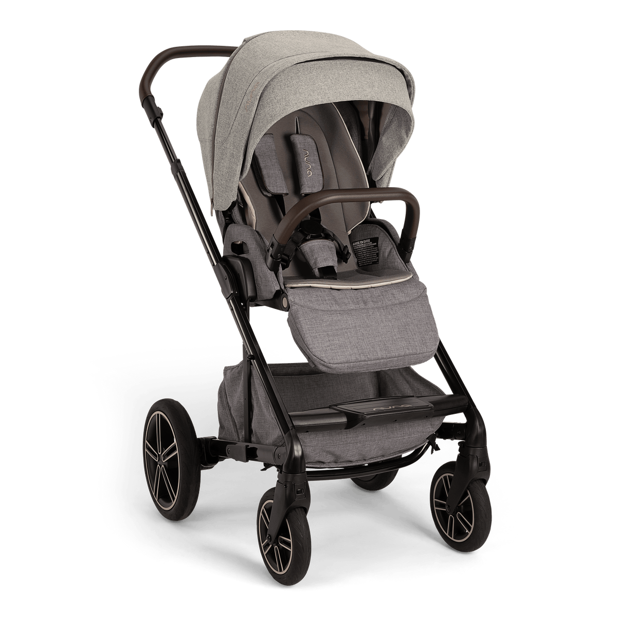 Nuna grey stroller with black frame and four wheels