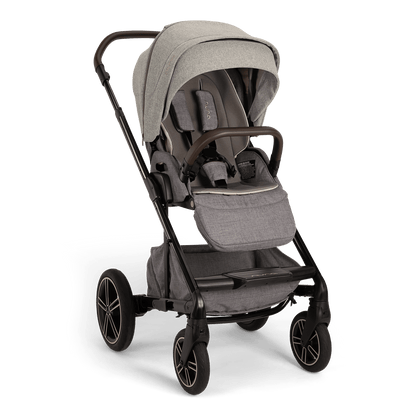 Nuna grey stroller with black frame and four wheels
