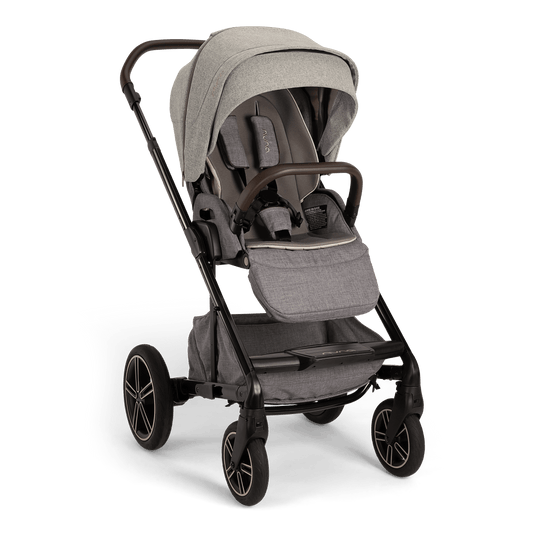 Nuna grey stroller with black frame and four wheels