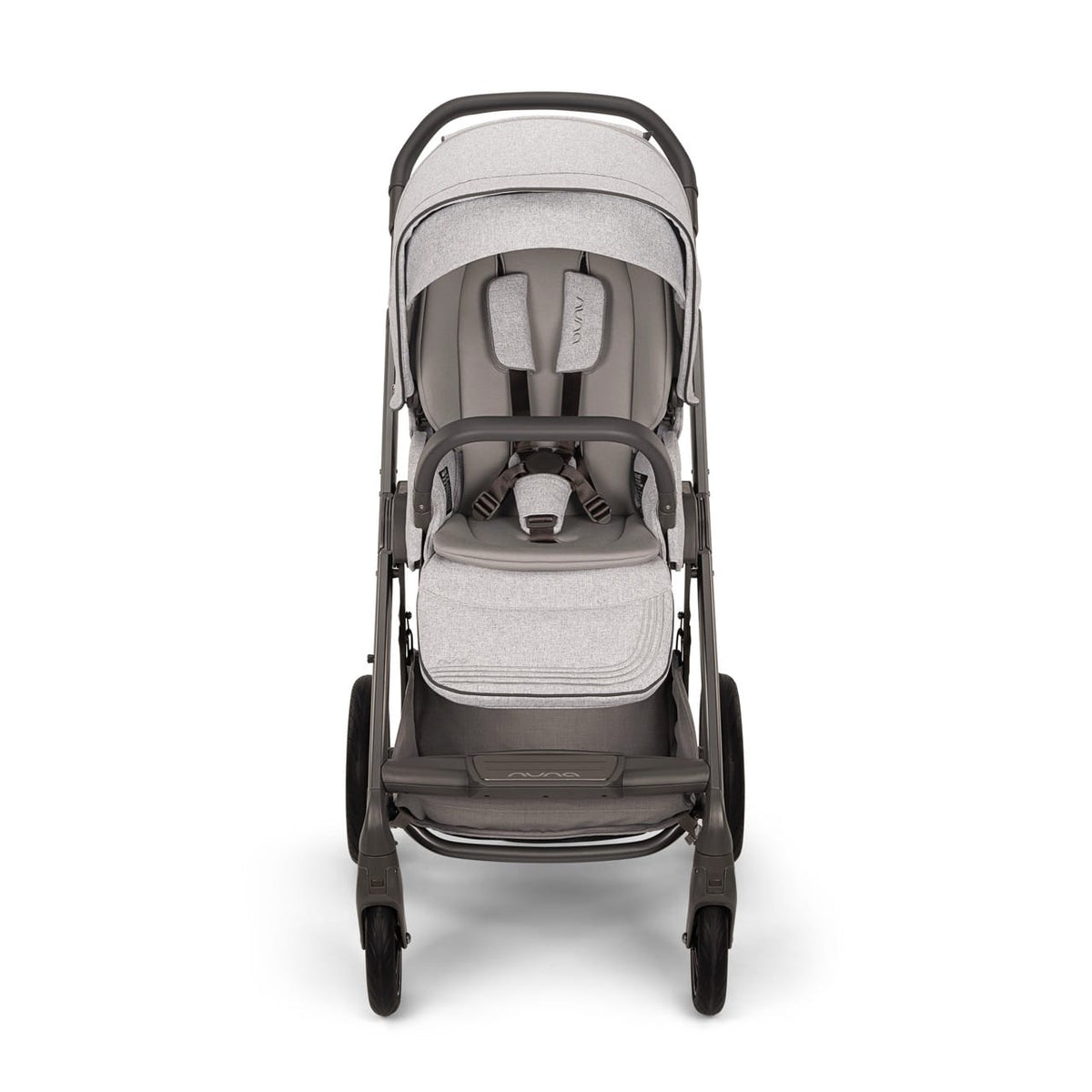 Front view of a Nuna stroller in light grey fabric with a dark frame