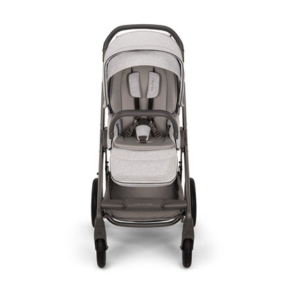 Front view of a Nuna stroller in light grey fabric with a dark frame