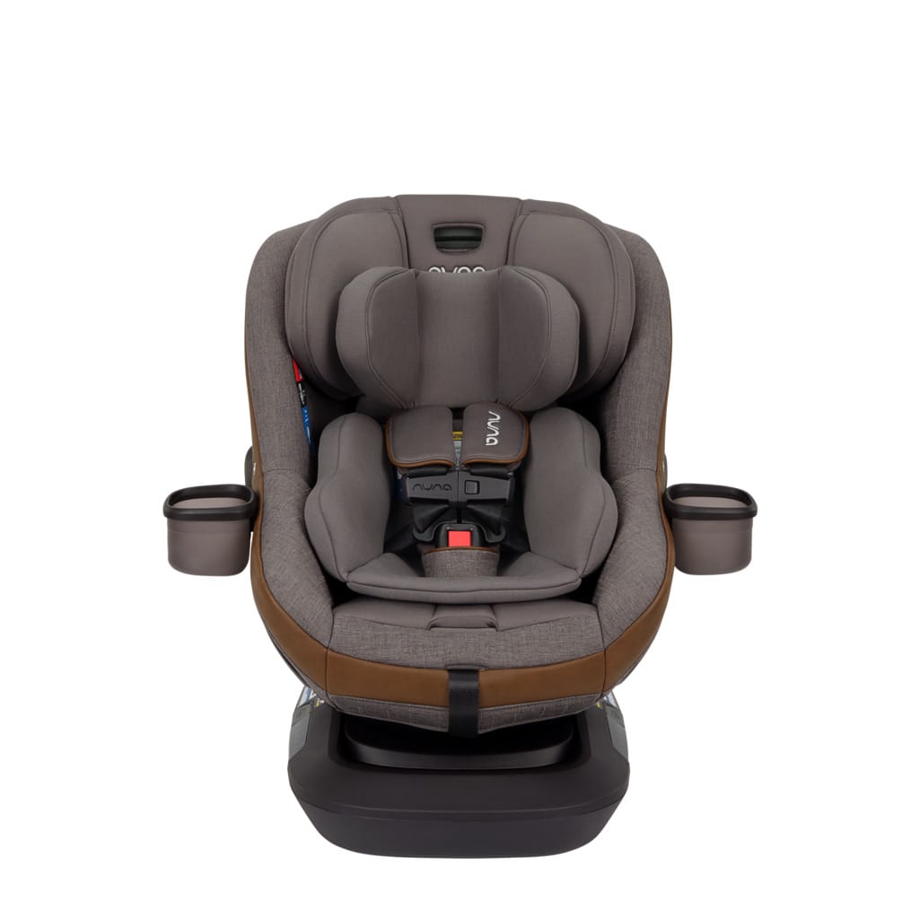Nuna convertible car seat in grey with brown trim and two cup holders