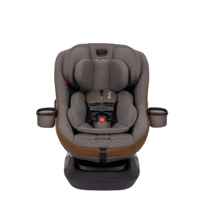 Nuna convertible car seat in grey with brown trim and two cup holders