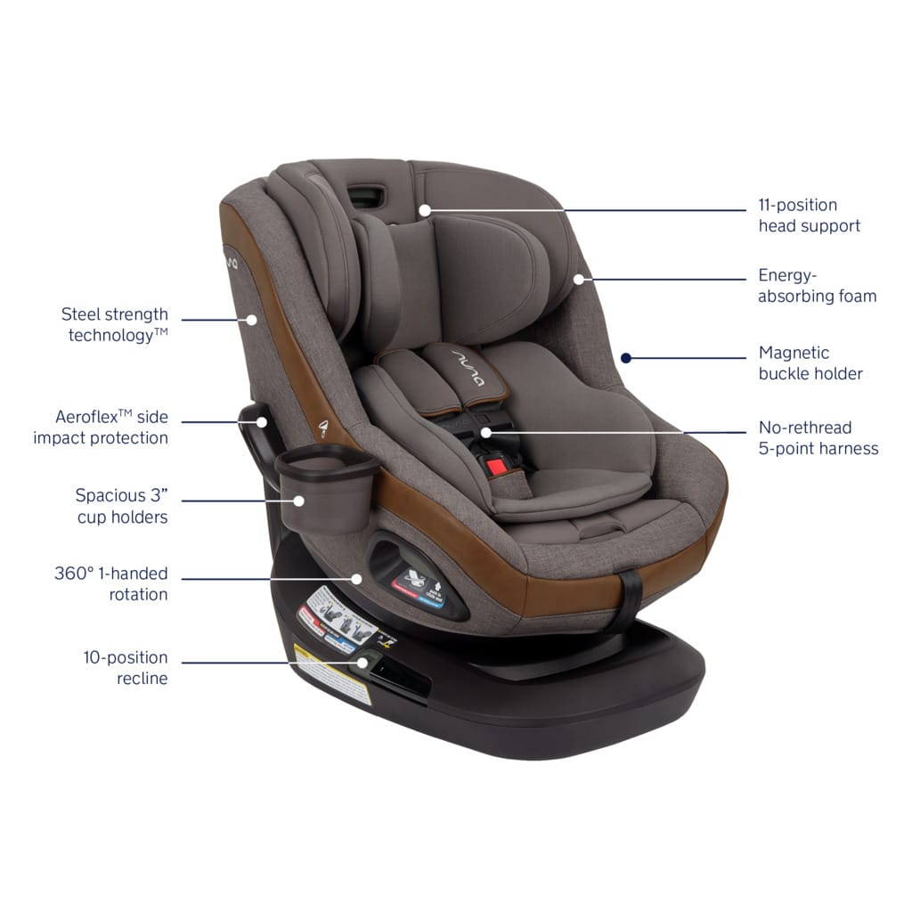 Nuna car seat with labels highlighting features like head support harness and rotation