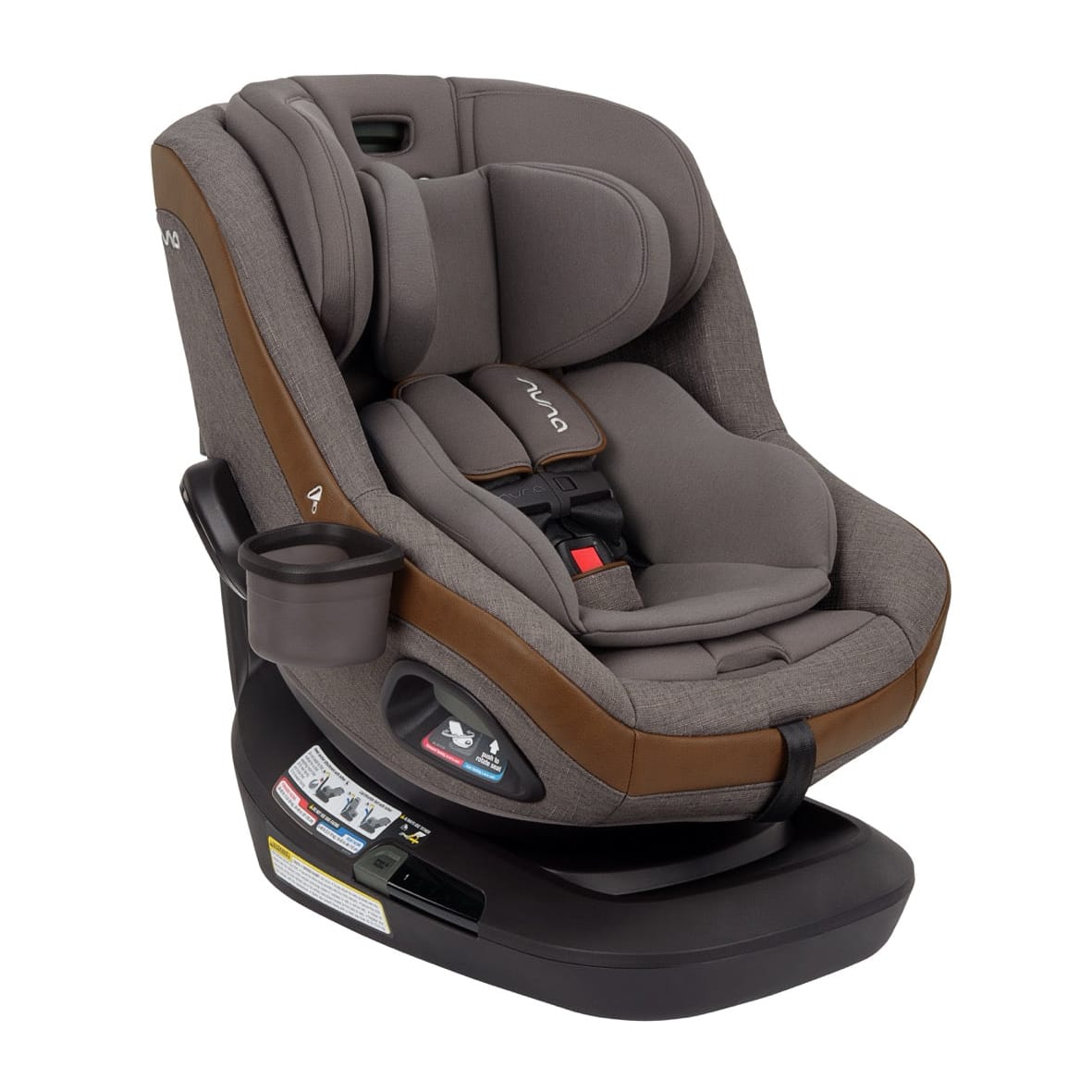 Nuna rotating car seat in grey and brown with cup holder