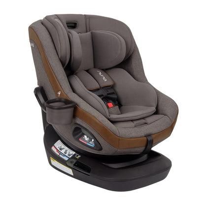 Nuna rotating car seat in grey and brown with cup holder