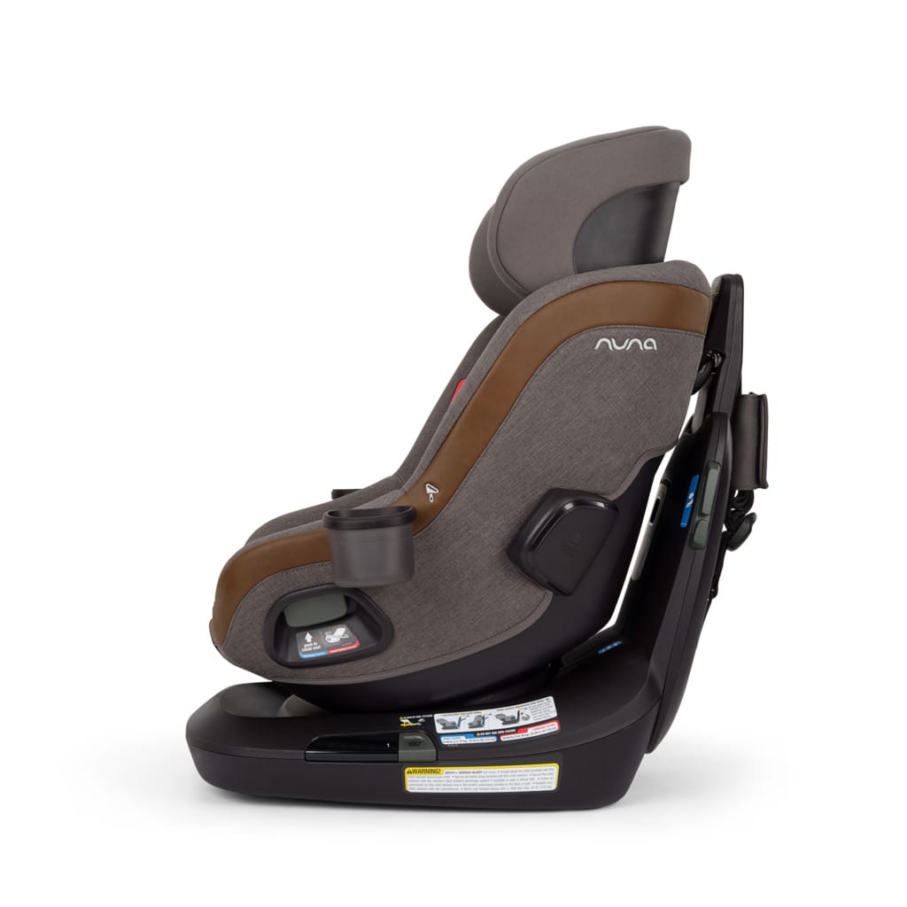 Side view of Nuna car seat in grey and brown fabric