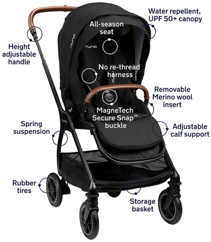 Nuna Triv Compact Stroller with Magnetic Buckle + Triv Bassinet - Caviar - STC12000CVR