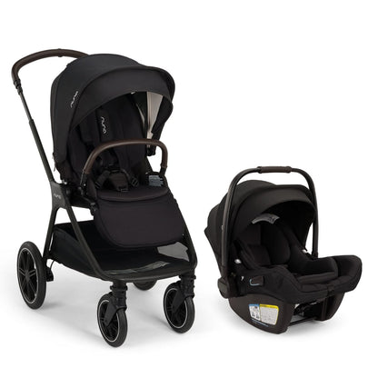 Nuna black stroller and matching infant car seat on white background