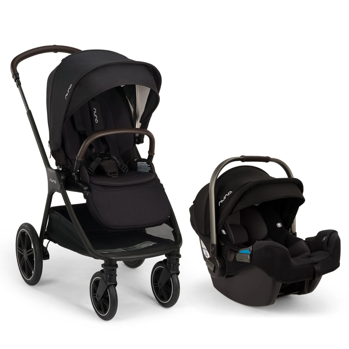 Nuna black stroller and matching infant car seat