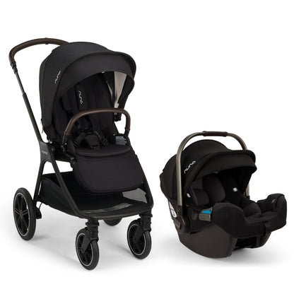 Nuna black stroller and matching infant car seat