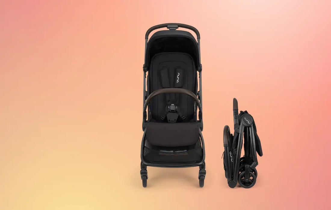 nuna viaa cabn stroller unfolded facing forward and then folded sitting beside against an orange background.