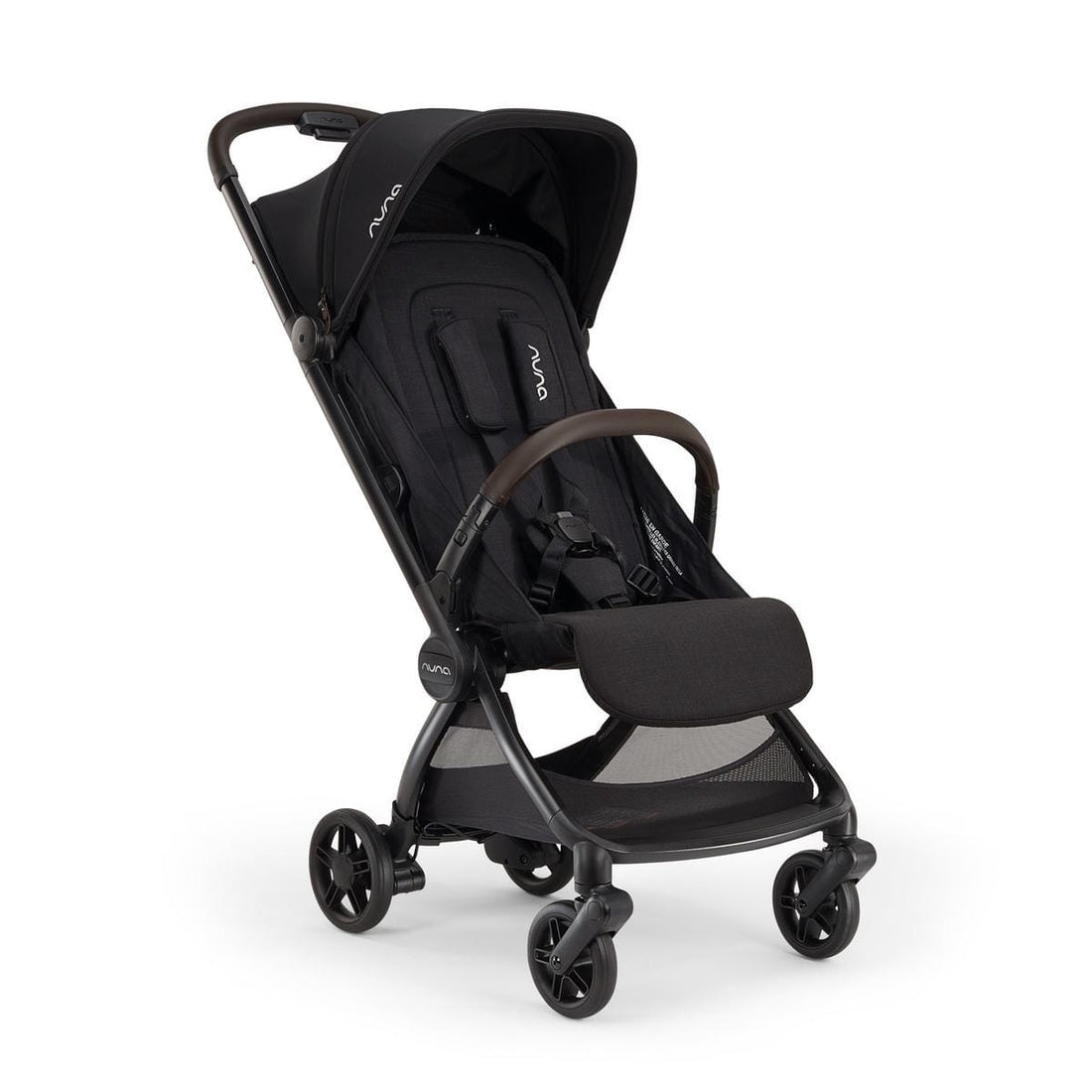 Nuna black stroller with brown leatherette handle and bumper bar