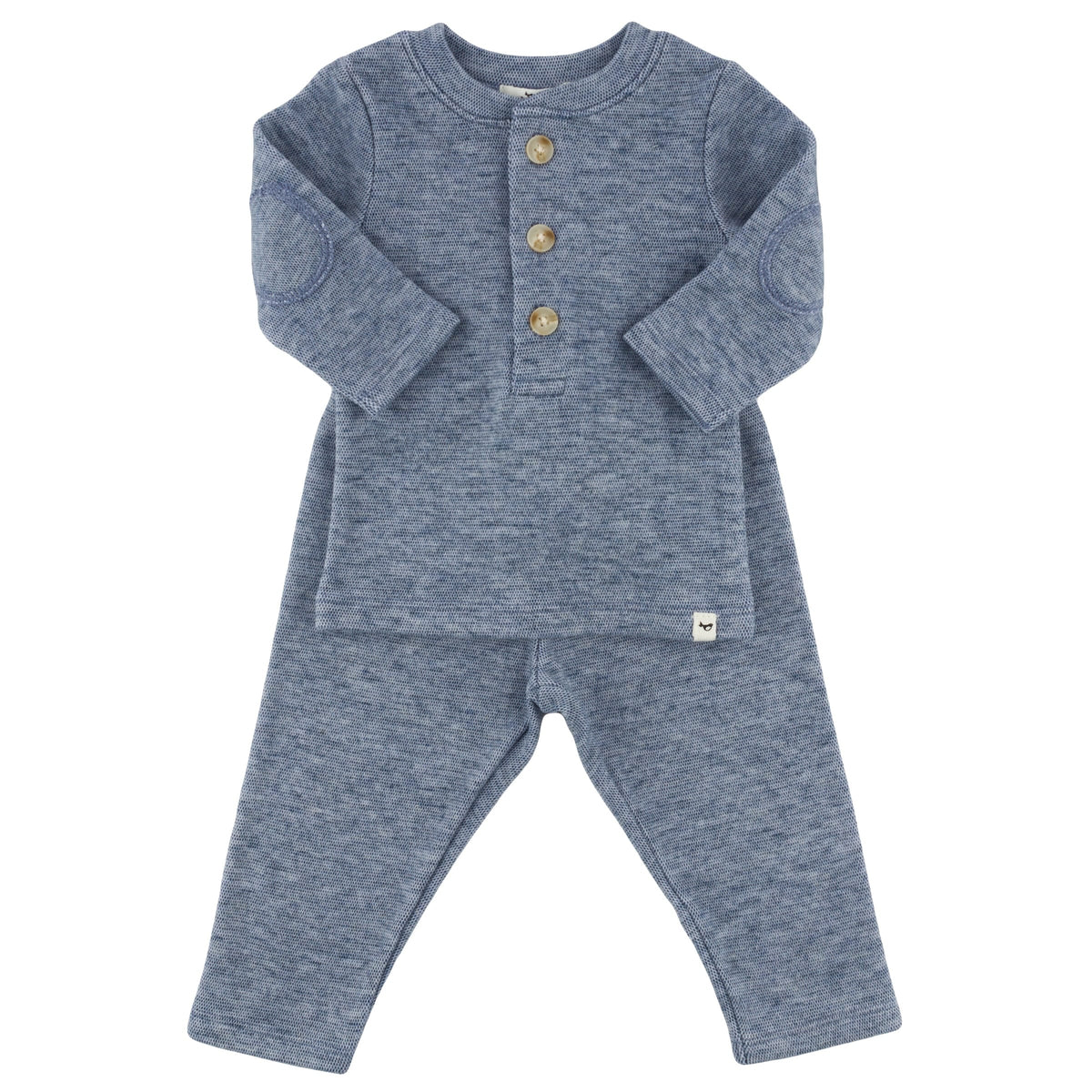 Oh Baby! Honeycomb Henley Elbow Patch 2pc Set - Denim, 0-3M