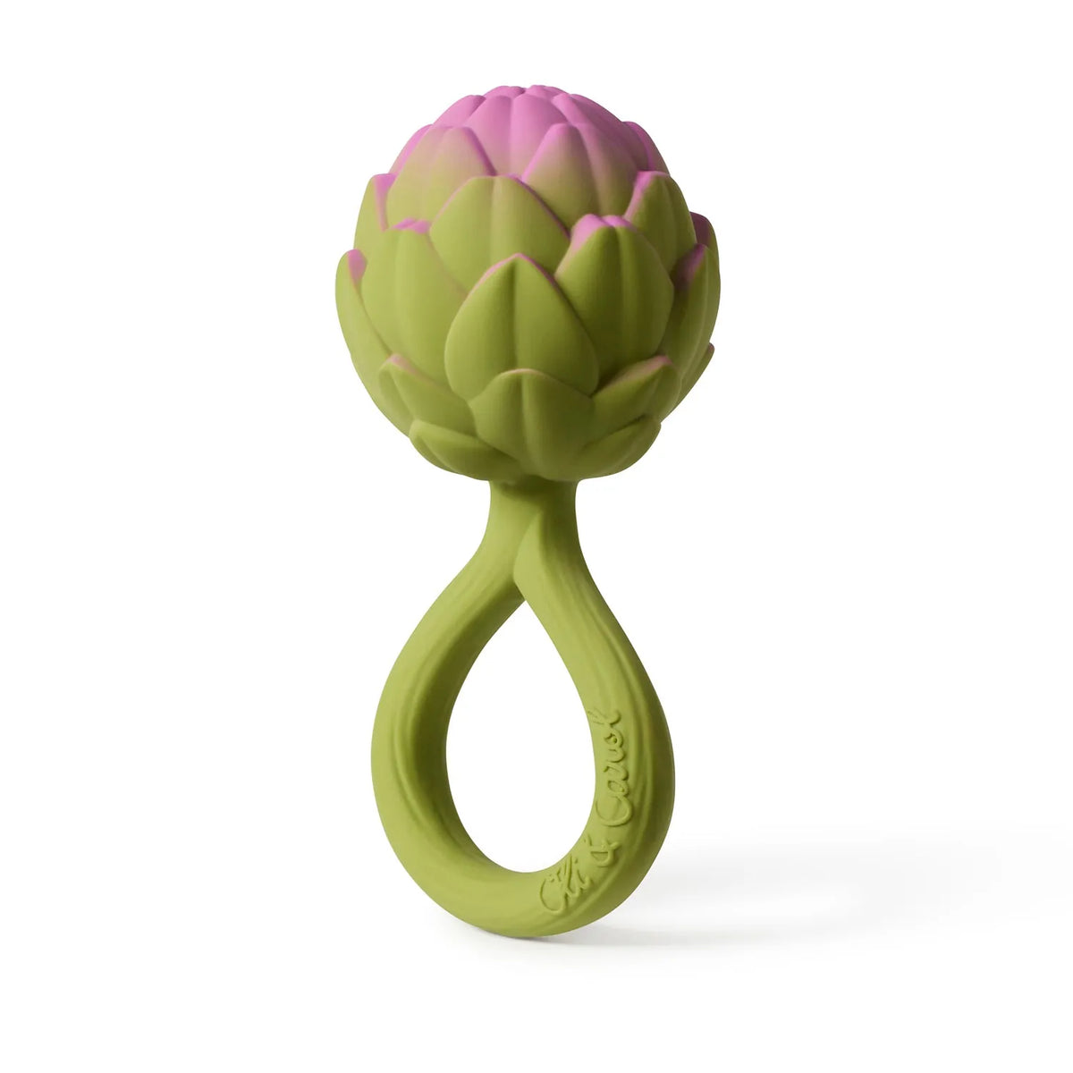 Oli and Carol green and pink artichoke shaped baby teether