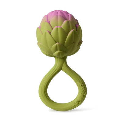 Oli and Carol green and purple artichoke shaped baby teether ring