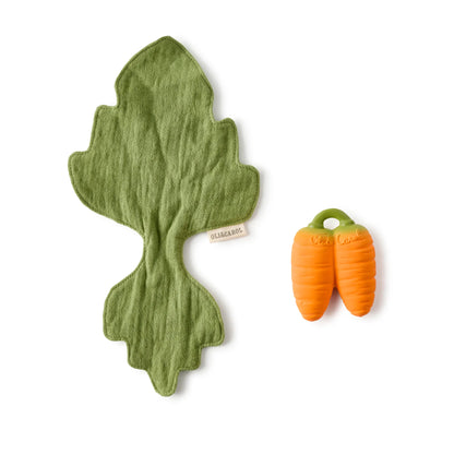 Oli and Carol green fabric leaf and orange carrot teether toy