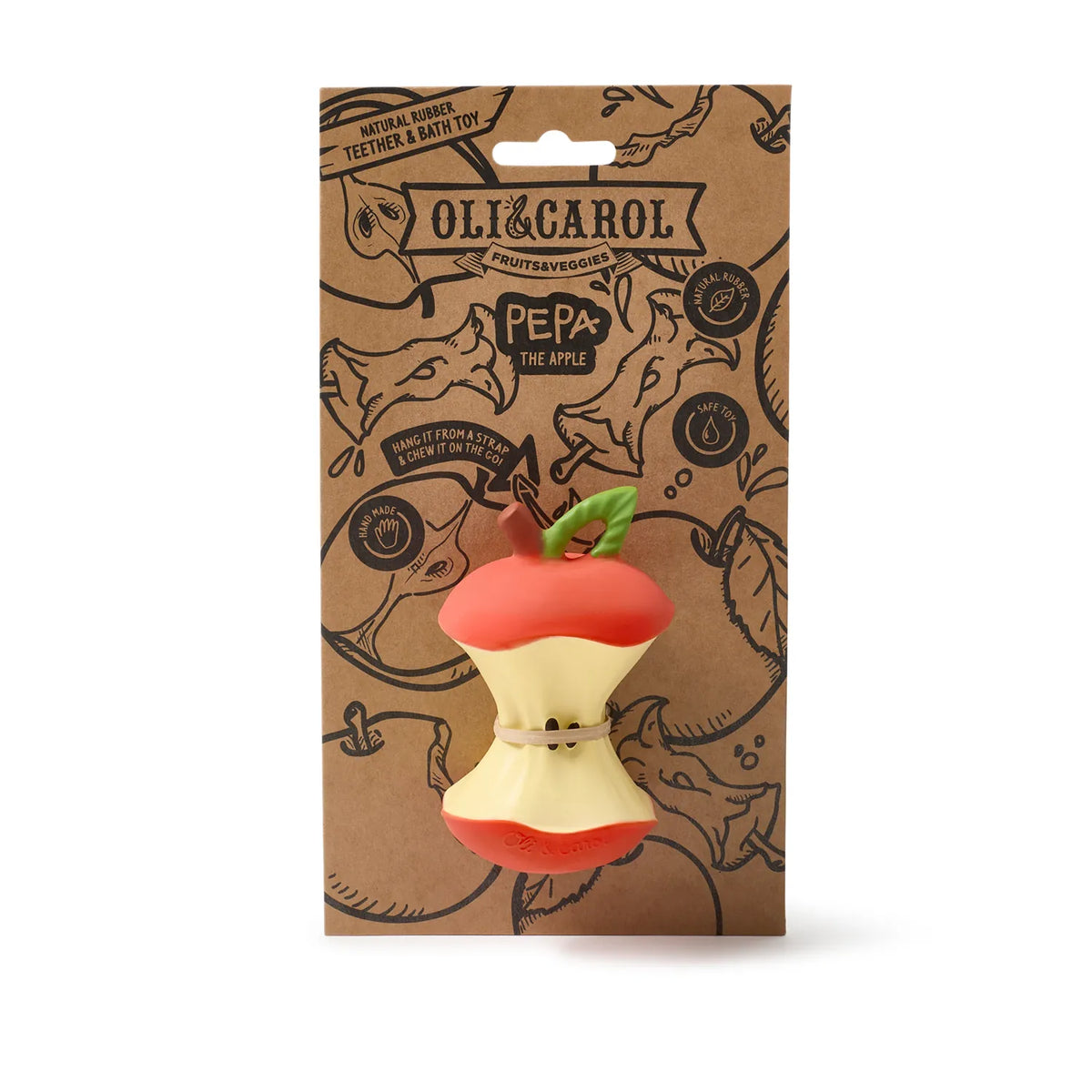Oli and Carol Pepa the Apple natural rubber teether and bath toy in retail packaging