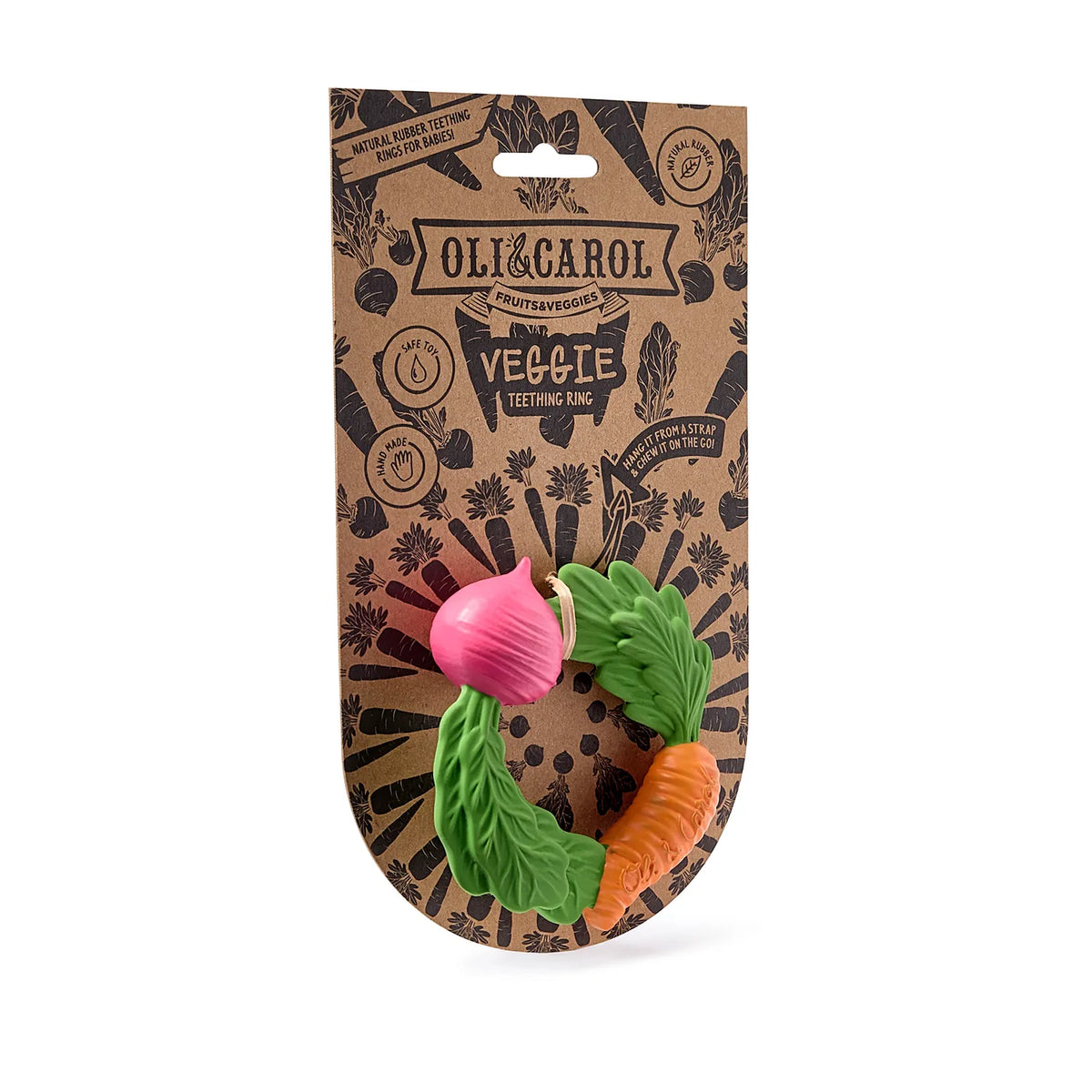 Oli and Carol natural rubber vegetable teething ring on branded cardboard packaging